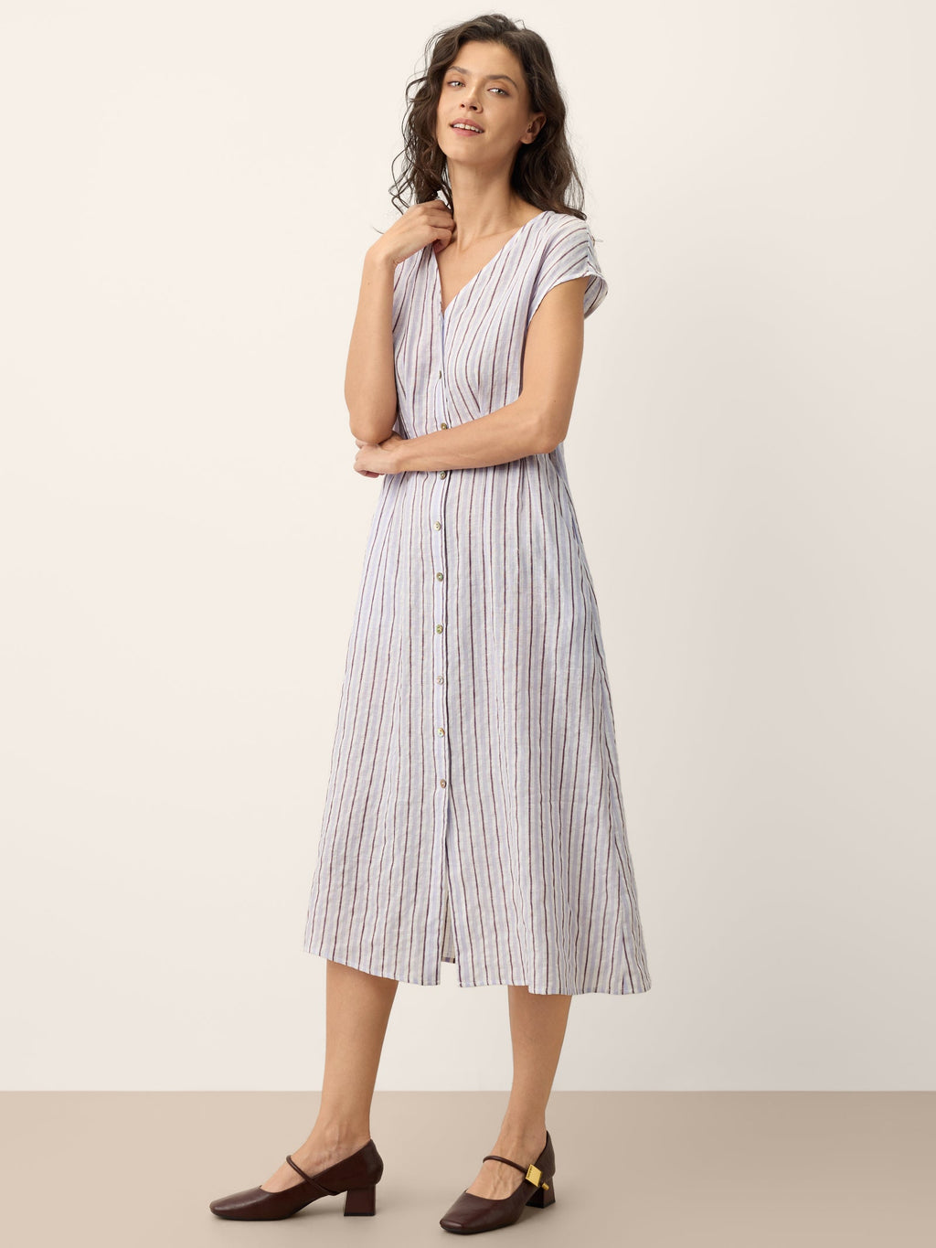 100% Linen Striped Tailored Cap Sleeve Maxi Dress AGNES