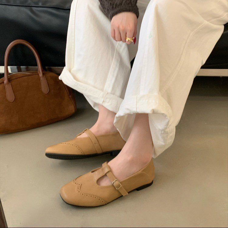 Vintage T-Strap Slingback Flat Heel Shoes - Women's Buckle Strap Mary Jane Flats