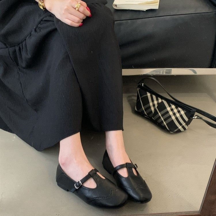 Vintage T-Strap Slingback Flat Heel Shoes - Women's Buckle Strap Mary Jane Flats