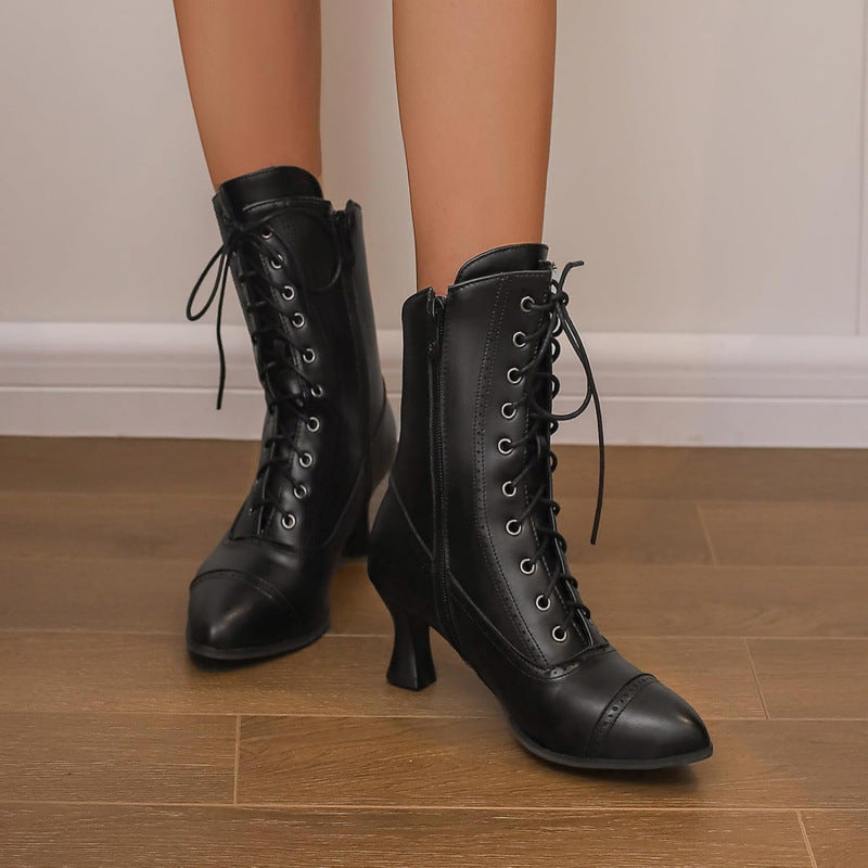 Women's Vintage Renaissance Lace-Up Ankle Boots - Low Heel Booties with Side Zipper