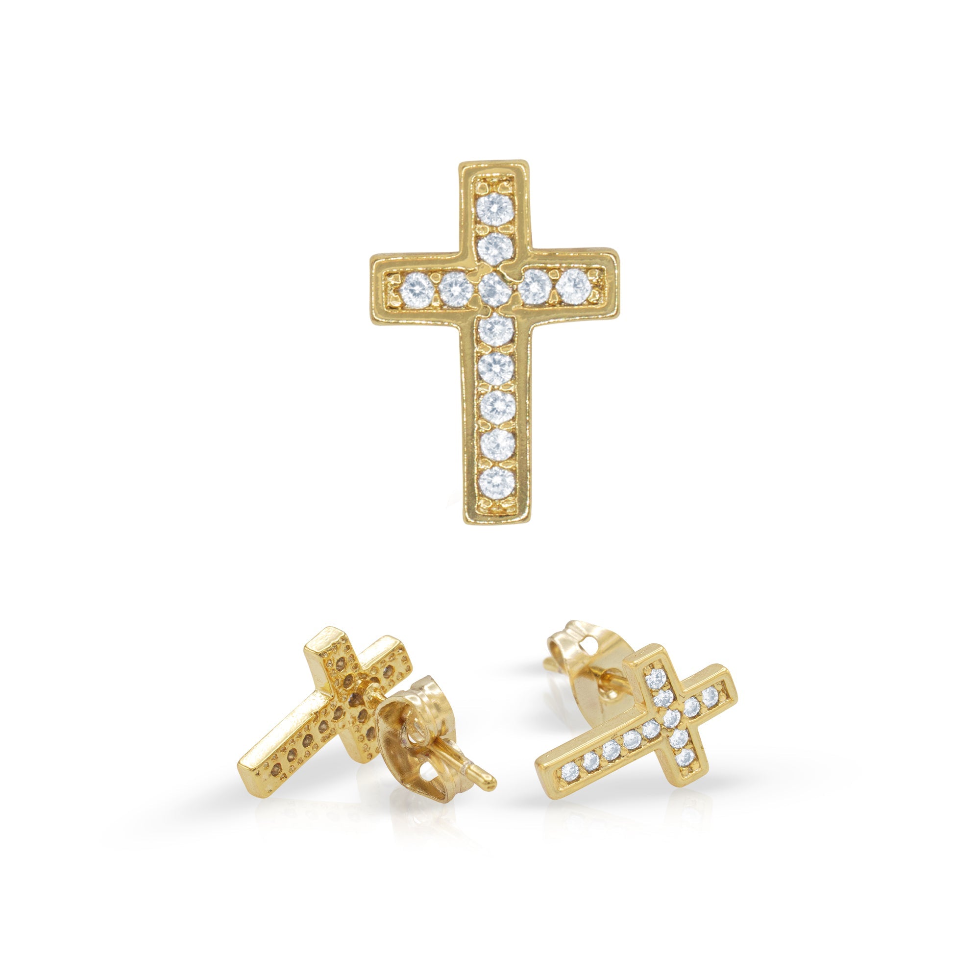 Cross 14K Gold Filled Silver Earrings Cubic Zirconia Hip Hop Studs Jewelry Women Men