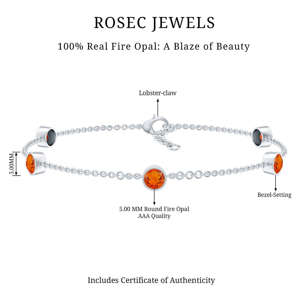 1 CT Real Fire Opal Five Stone Station Chain Bracelet in Bezel Setting