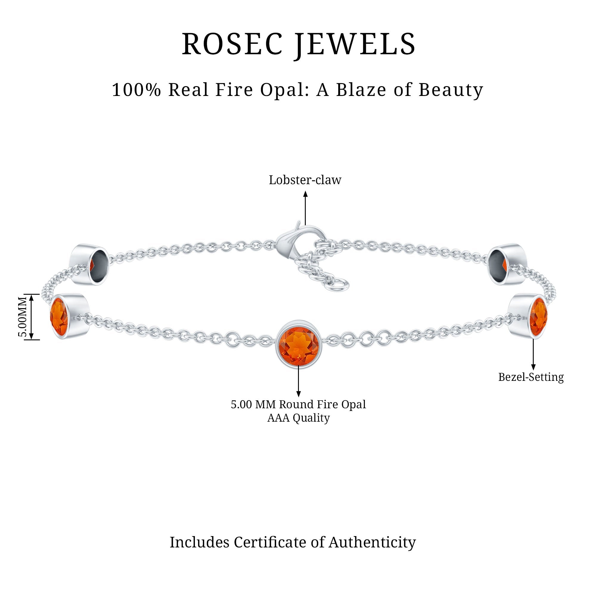 1 CT Real Fire Opal Five Stone Station Chain Bracelet in Bezel Setting