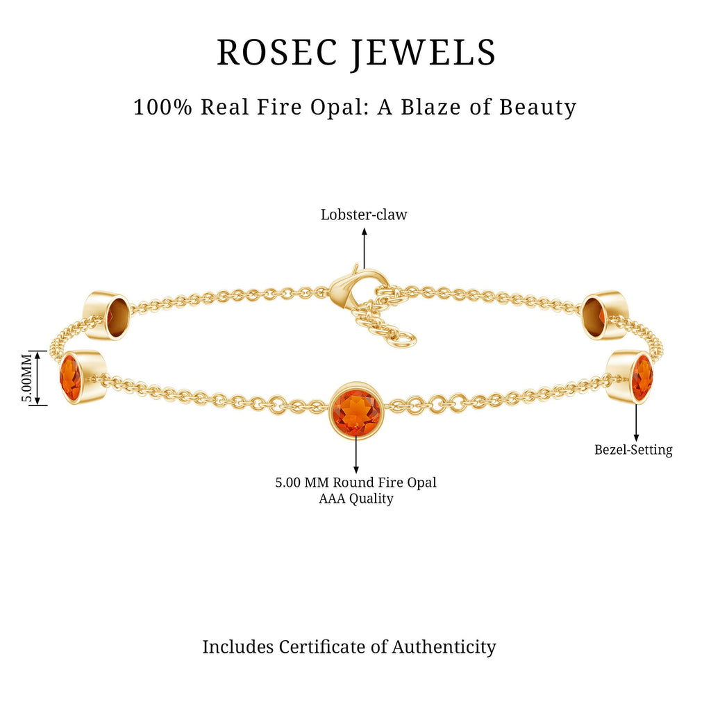 1 CT Real Fire Opal Five Stone Station Chain Bracelet in Bezel Setting