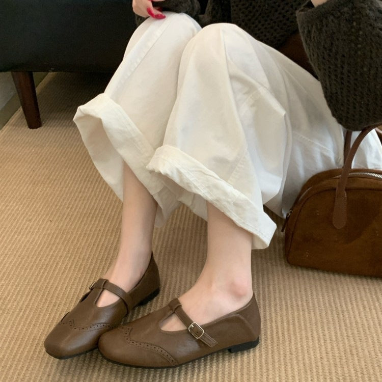 Vintage T-Strap Slingback Flat Heel Shoes - Women's Buckle Strap Mary Jane Flats