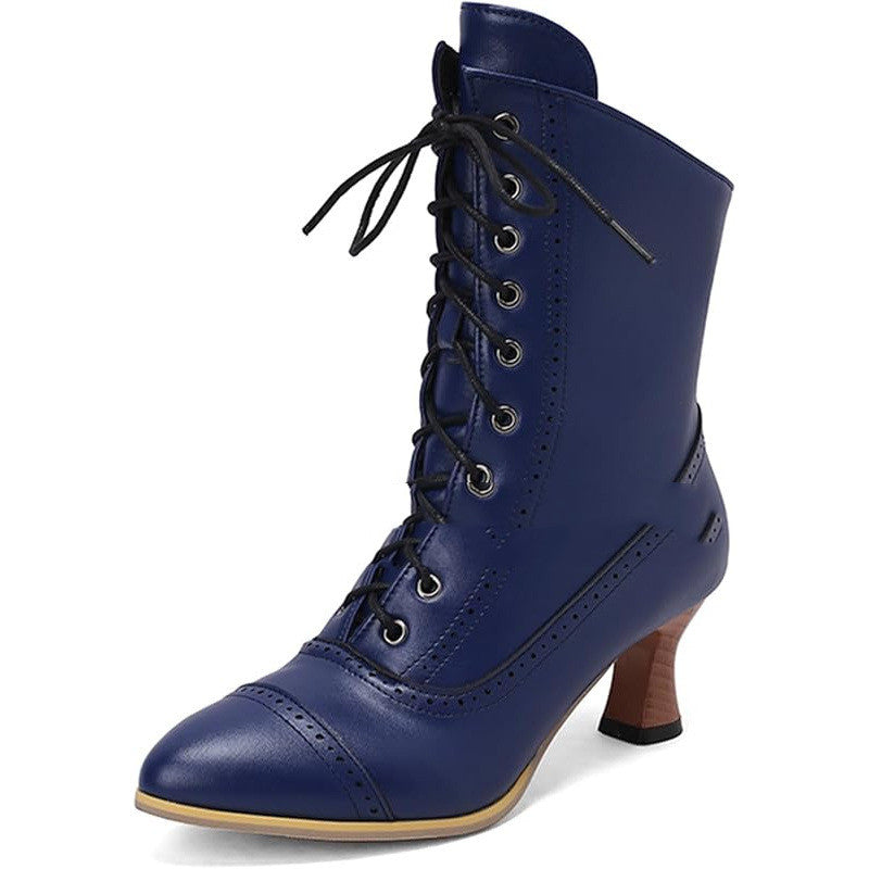 Women's Vintage Renaissance Lace-Up Ankle Boots - Low Heel Booties with Side Zipper