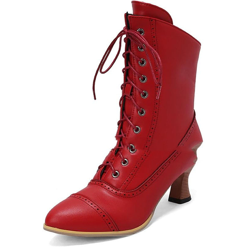 Women's Vintage Renaissance Lace-Up Ankle Boots - Low Heel Booties with Side Zipper